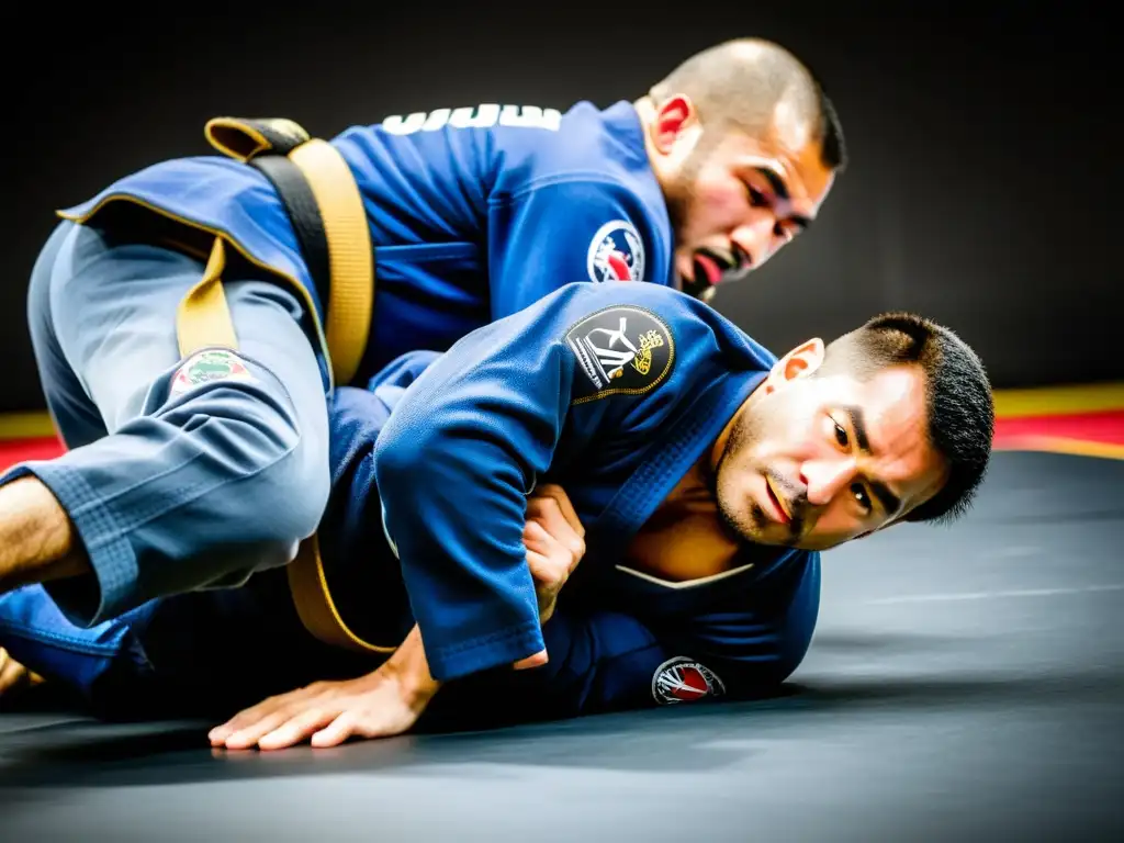 Dos competidores de JiuJitsu ejecutando técnicas avanzadas con precisión y agilidad, demostrando la evolución del JiuJitsu en competencias