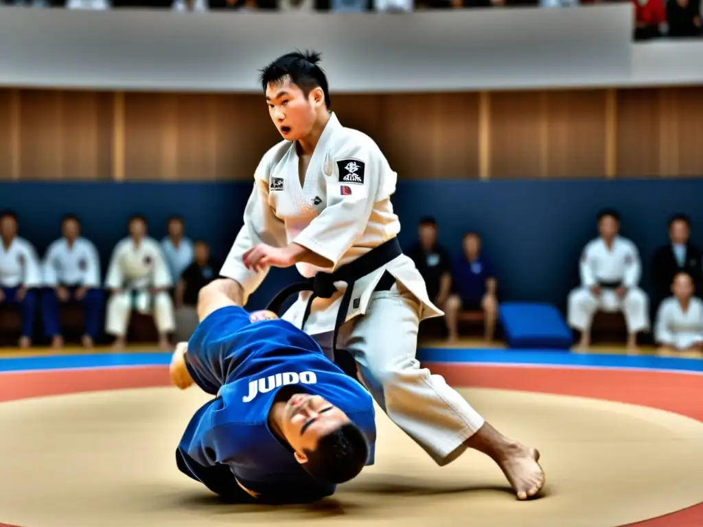 Dos competidores de judo en pleno combate, con el foco en la técnica y emoción, reflejando el sistema puntuación Judo principiantes