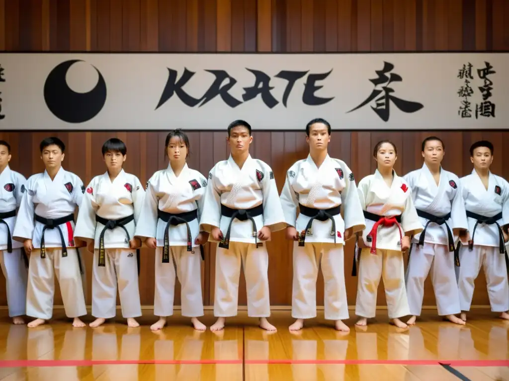 Competidores de karate listos para el combate en un dojo con Reglas y categorías campeonatos mundiales karate, mostrando fuerza y disciplina