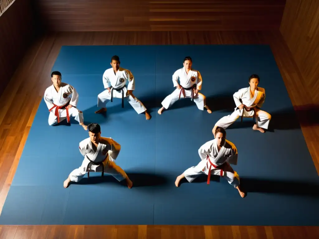 Competidores de karate ejecutan katas en formación disciplinada en el suelo de madera