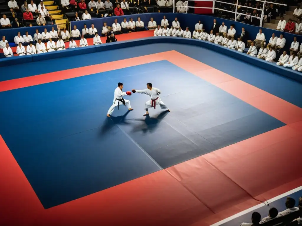 Competidores de karate ejecutando movimientos precisos en un torneo, con expresiones enfocadas y espectadores reflejando inspiración y anticipación