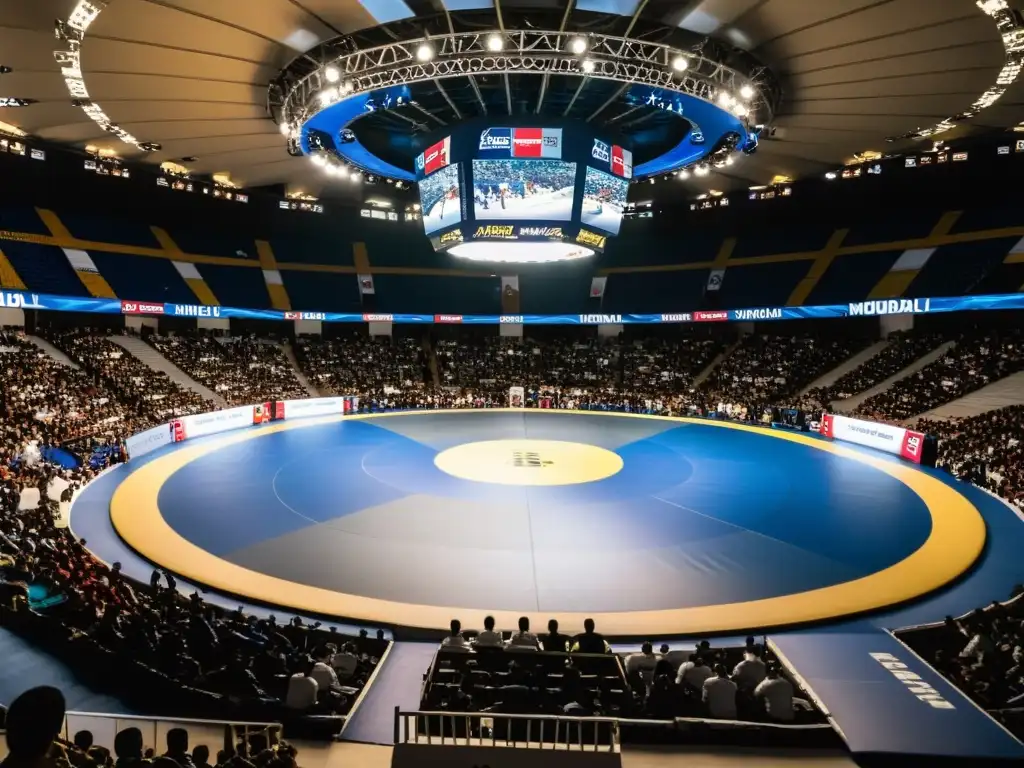 Dos competidores se enfrentan en el Mundial de JiuJitsu Brasileño, con una multitud vibrante de fondo