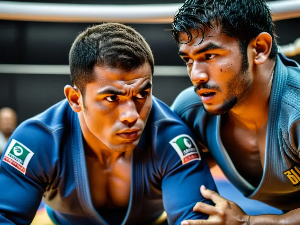 Dos competidores de Brazilian JiuJitsu en pleno combate, mostrando la intensidad y precisión de las reglas competencias Brazilian JiuJitsu