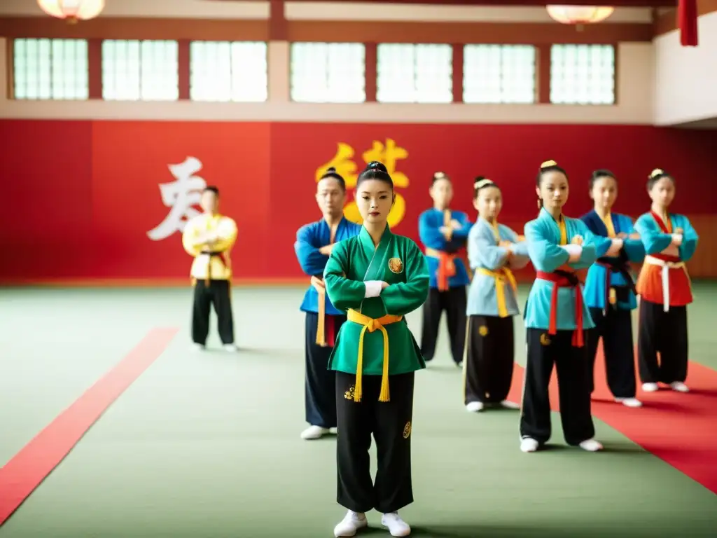 Competidores de Wushu en sala tradicional, mostrando respeto mutuo y valores éticos