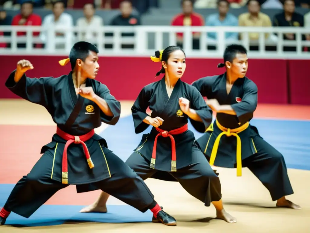 Competidores de Silat ejecutan movimientos dinámicos y precisos en el arena de competición, con determinación y enfoque