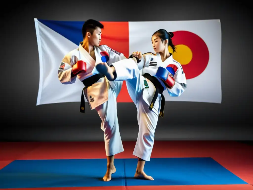 Dos competidores de Taekwondo en acción, mostrando energía y determinación en una categoría de peso competencias taekwondo