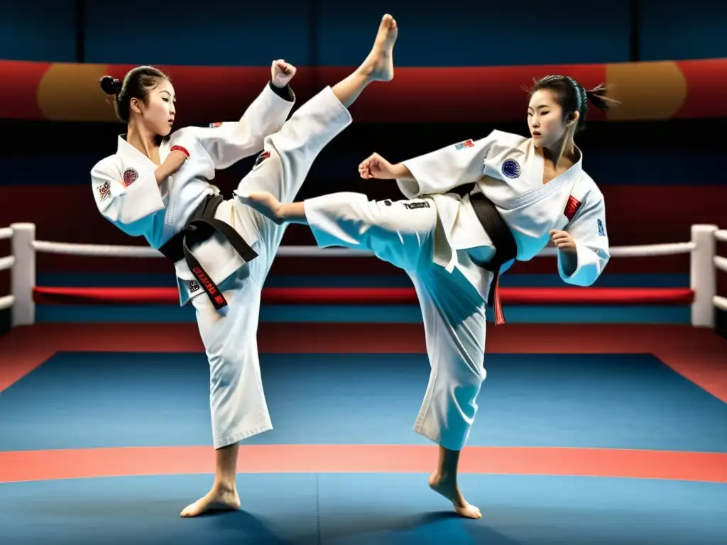 Competidores de Taekwondo ejecutan una potente patada en medio del torneo internacional, con intensidad y determinación