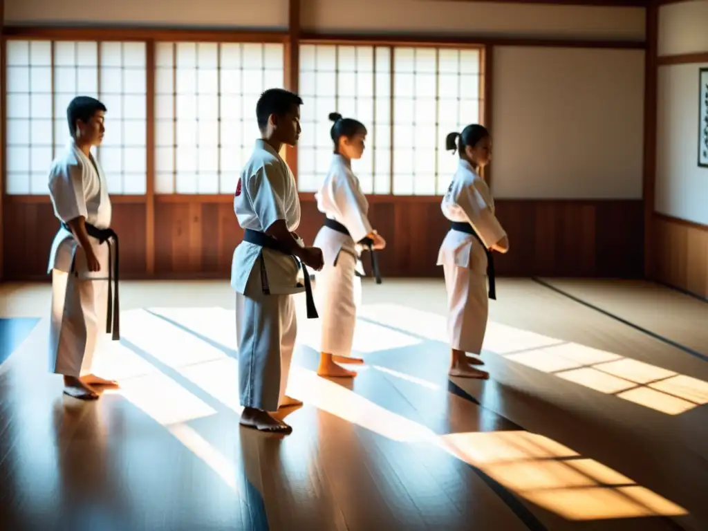 Preparación competidores torneo karate: Karatekas en dojo tradicional, listos para entrenar con determinación y disciplina