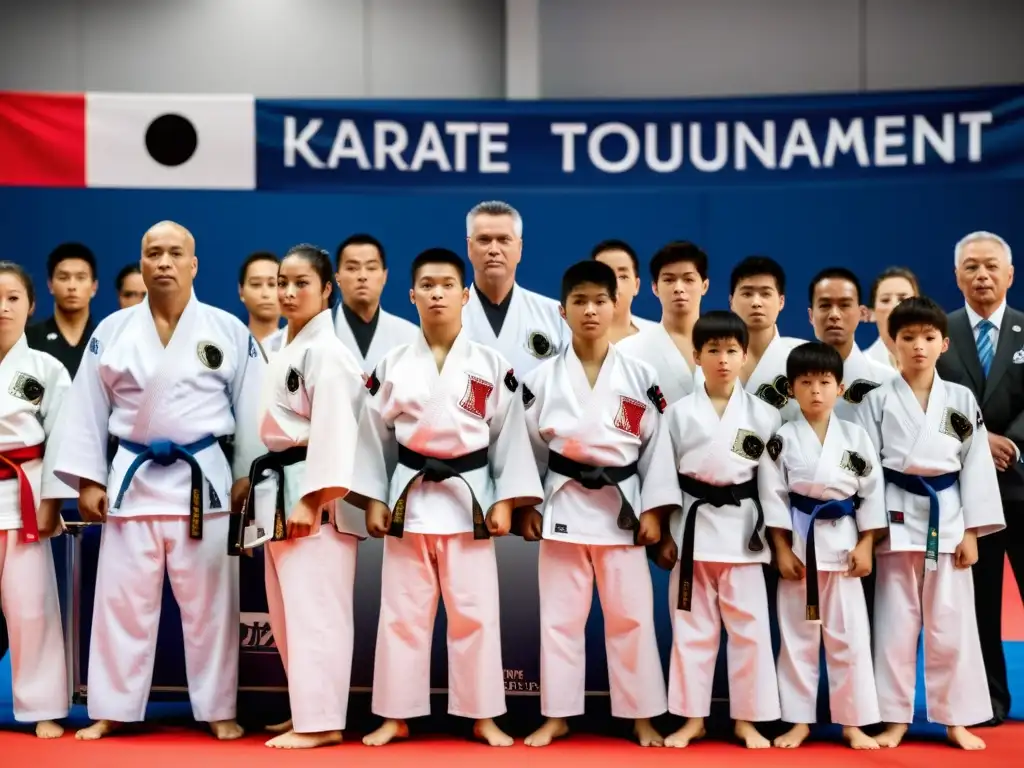 Competidores de karate en uniformes blancos en estación de pesaje de torneo, mostrando determinación y enfoque, con banners y reglas en el fondo