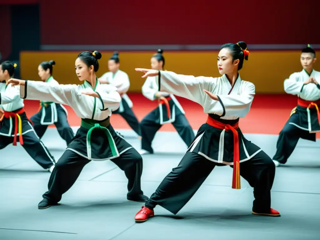 Práctica competitiva de Kung Fu: Competidores ejecutan formas tradicionales con intensidad en una moderna arena de competición