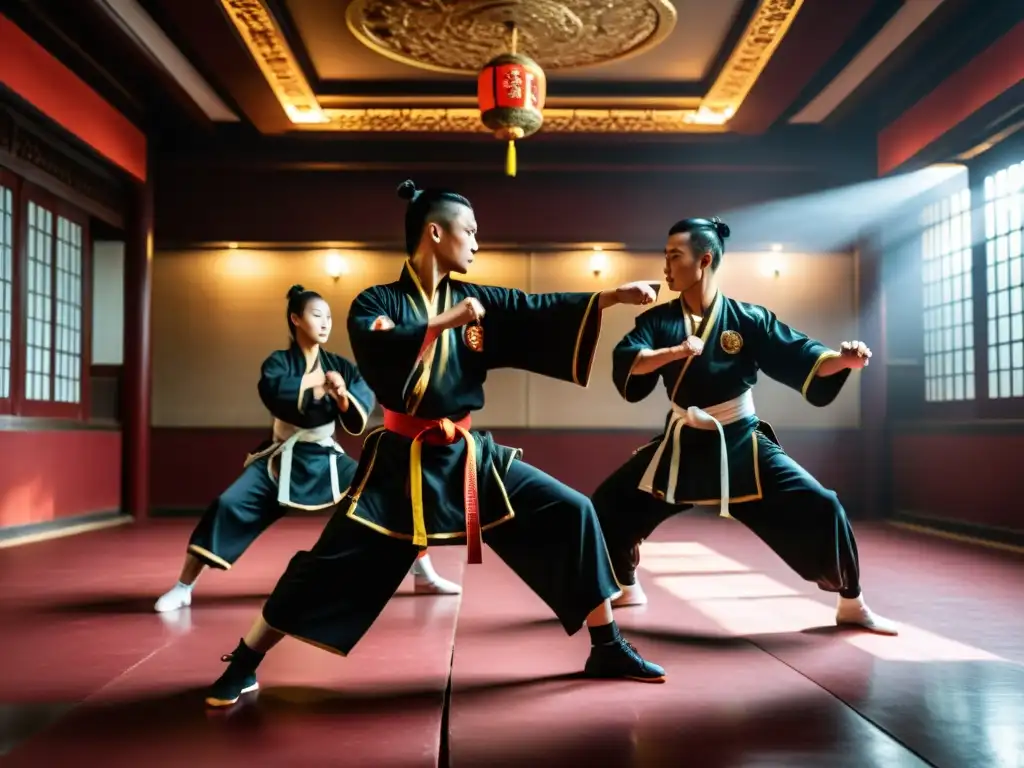 Práctica competitiva de Kung Fu: Grupo de practicantes en un intenso combate, envueltos en determinación y agilidad, en un salón decorado con incienso