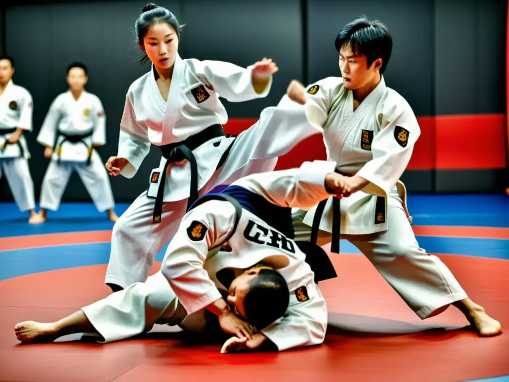 Competitivo torneo de Hapkido: Practicantes en uniformes blancos ejecutan técnicas con precisión y respeto, rodeados de espectadores