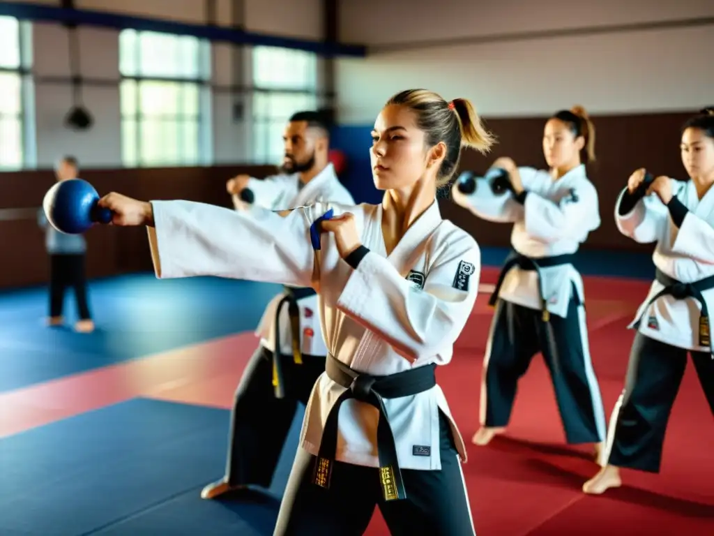 Karatekas competitivos realizan un intenso entrenamiento cruzado en el gimnasio, demostrando fuerza, enfoque y disciplina