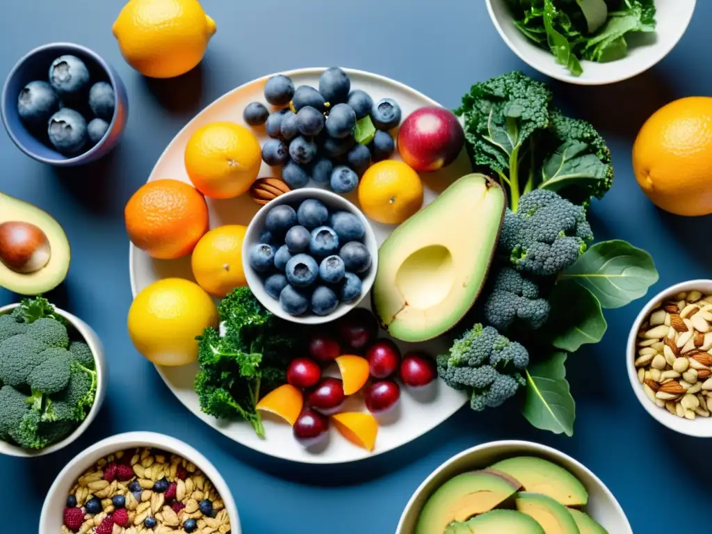 Una composición de alimentos para salud mental y concentración con frutas, verduras y frutos secos en una presentación artística y vibrante