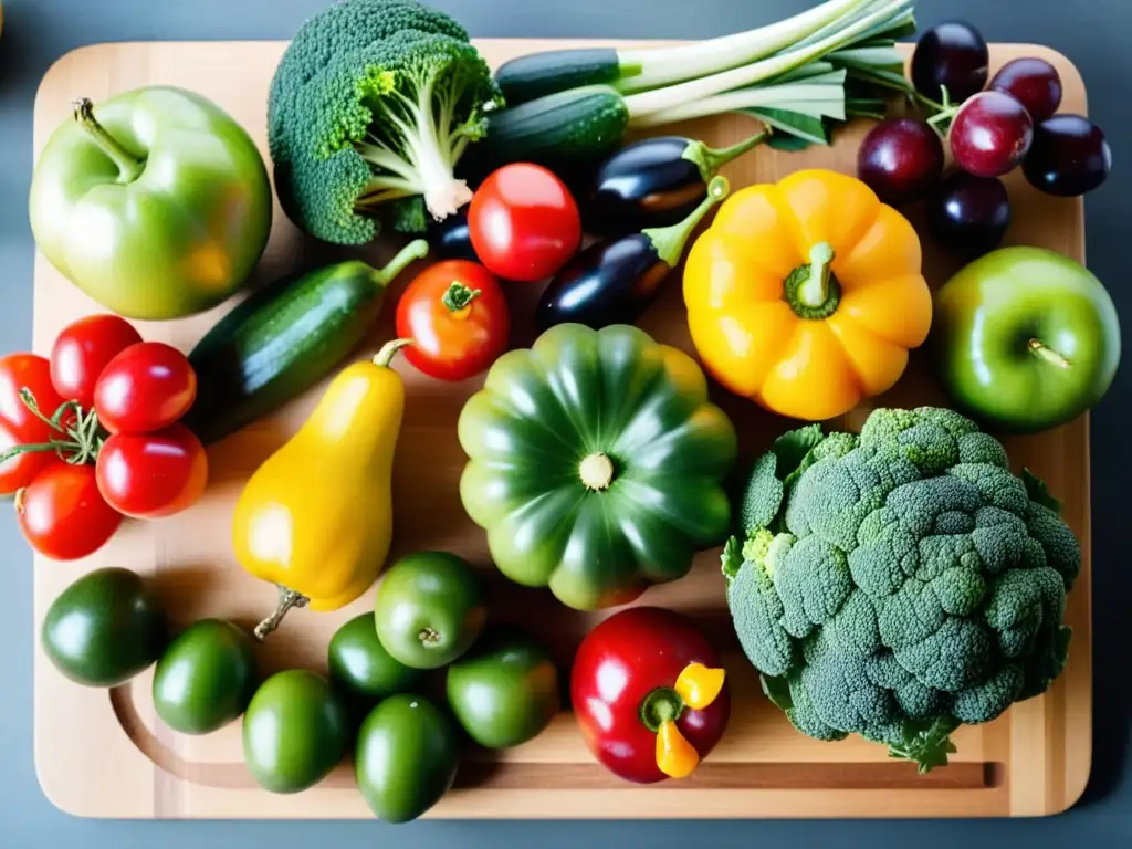 Una composición artística de frutas y verduras frescas y coloridas sobre una tabla de cortar de madera, iluminada suavemente