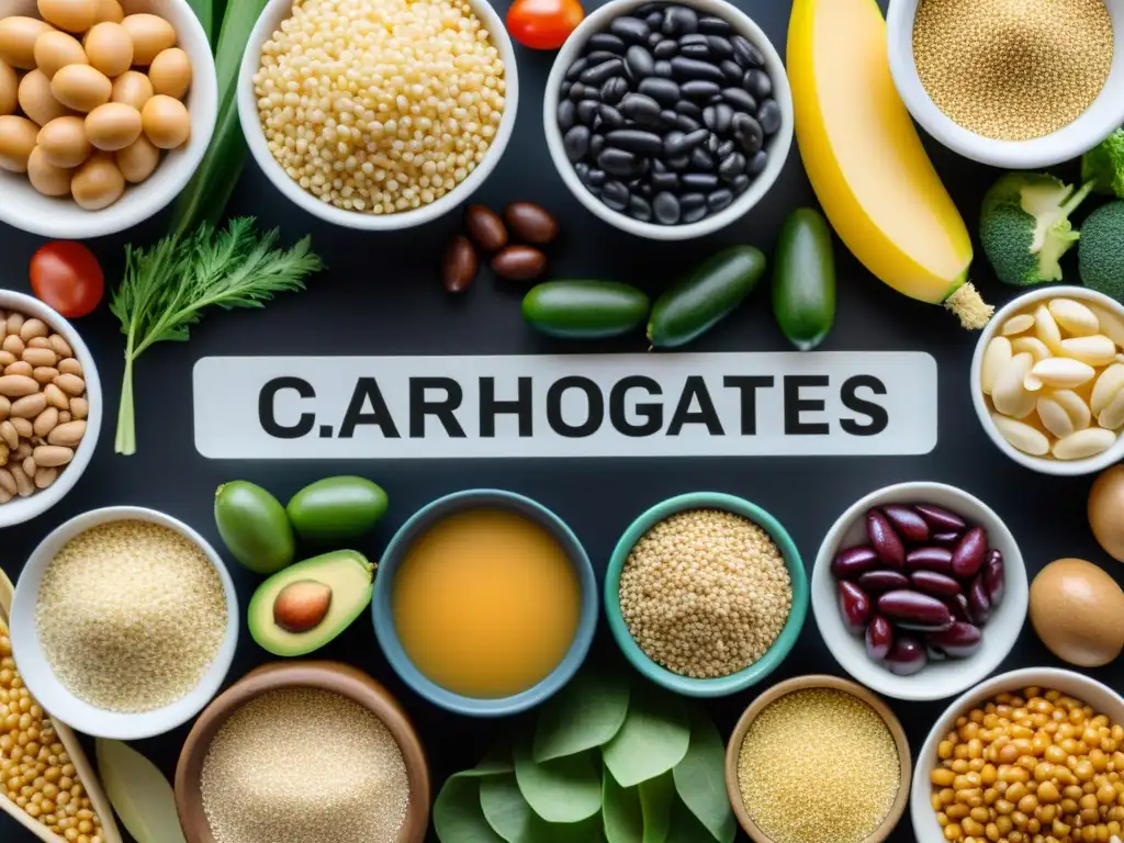 Una composición detallada y colorida de carbohidratos naturales, resaltando su importancia en las artes marciales