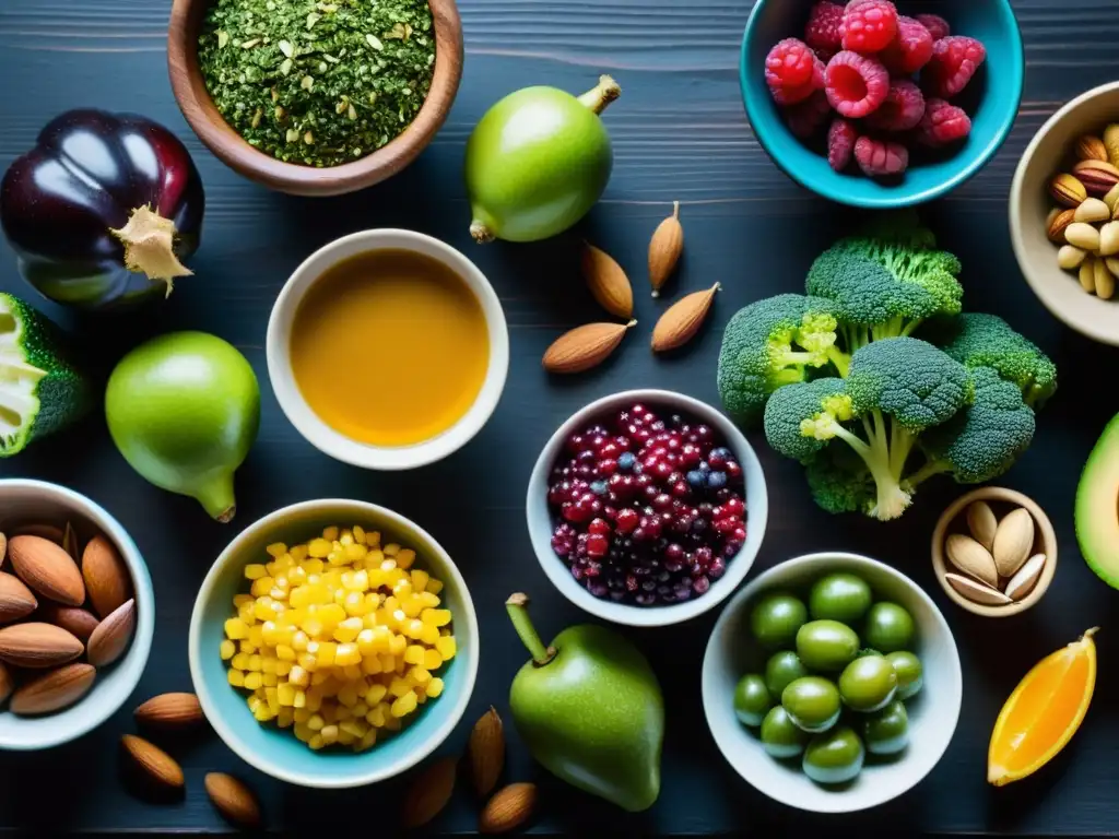 Una composición detallada de vibrantes superalimentos sobre una mesa de madera oscura