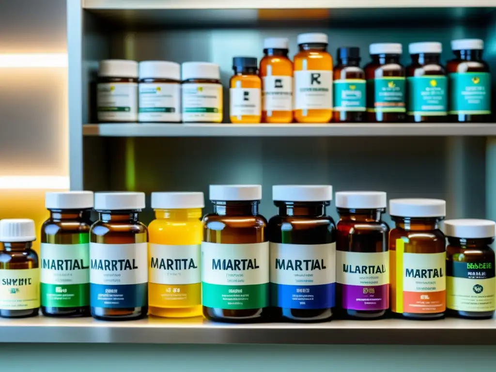 Una composición impecable de suplementos nutricionales para artistas marciales, exhibiendo calidad y variedad en un elegante mostrador