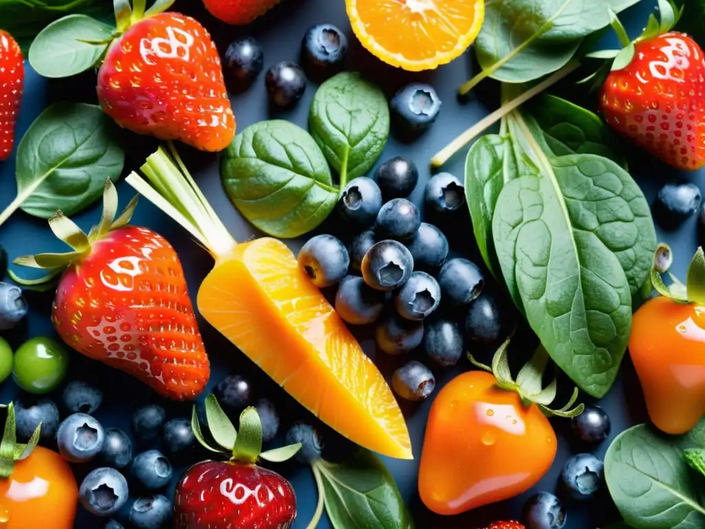 Una composición vibrante de frutas y verduras frescas con antioxidantes para mejorar rendimiento marcial, resplandeciendo en detalle y color