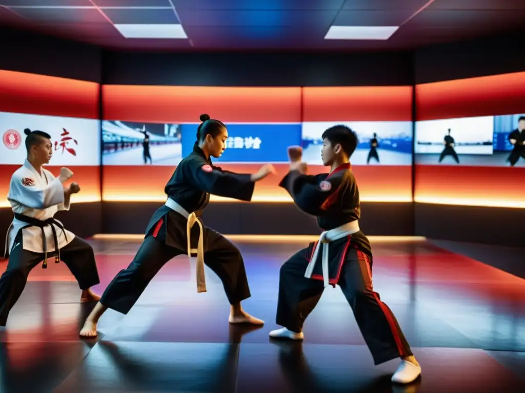 Comunidad online de aprendizaje de Kung Fu: Estudiantes practican movimientos precisos en un dojo moderno, fusionando tradición con tecnología