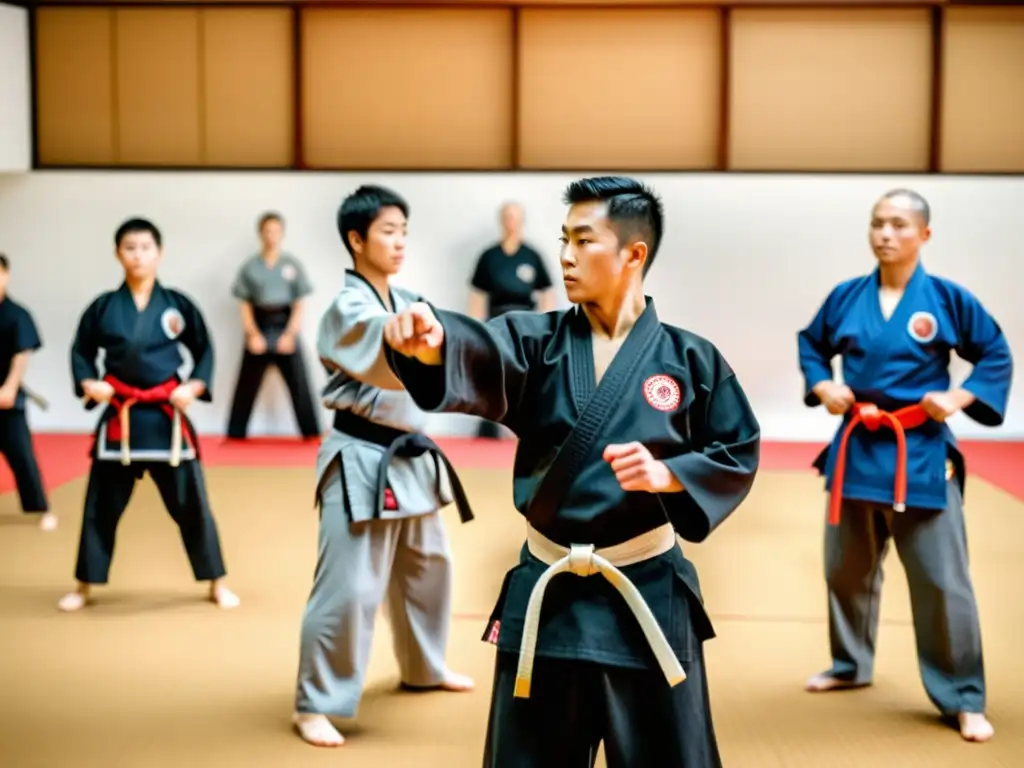 Comunidad unida en un dojo de artes marciales, reflejando el poder de las redes sociales para el aprendizaje en este mundo único