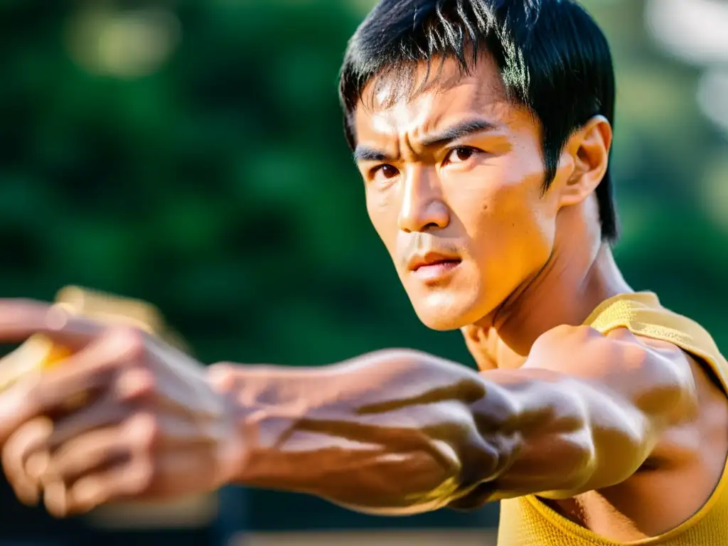 Bruce Lee concentrado practicando su método de combate, con sudor en su piel y músculos tensos, en un dojo de artes marciales