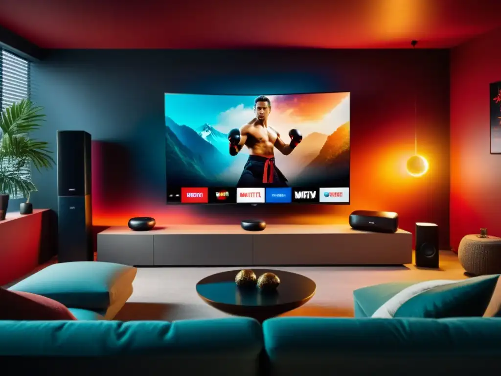 Configuración ideal para disfrutar PayPerView de artes marciales en casa con TV 8K, altavoces y ambiente envolvente