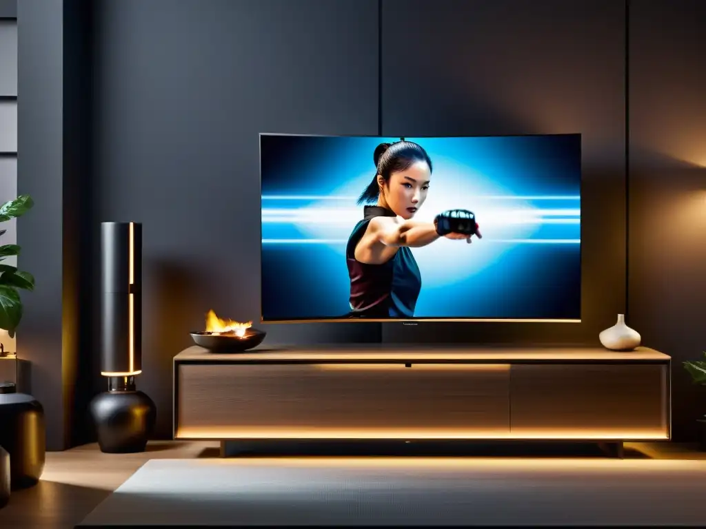 Configuraciones para disfrutar PayPerView artes marciales: Sala de estar moderna con TV OLED 8K y evento de artes marciales en pantalla, creando una atmósfera cinematográfica de inmersión