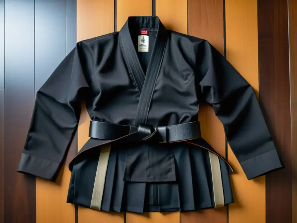 Un conjunto de ninjutsu shinobi shozoku y armas tradicionales japonesas en un suave y oscuro fondo de madera