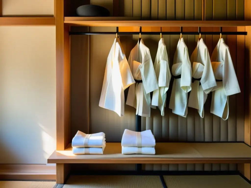 Consejos para el entrenamiento de Aikido: Uniformes blancos de Aikido doblados con cuidado en un tradicional dojo japonés, iluminados por luz natural