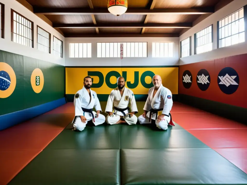 Contribución de grandes maestros del JiuJitsu Brasileño en el dojo, transmitiendo sabiduría y camaradería en un ambiente reverente y lleno de historia