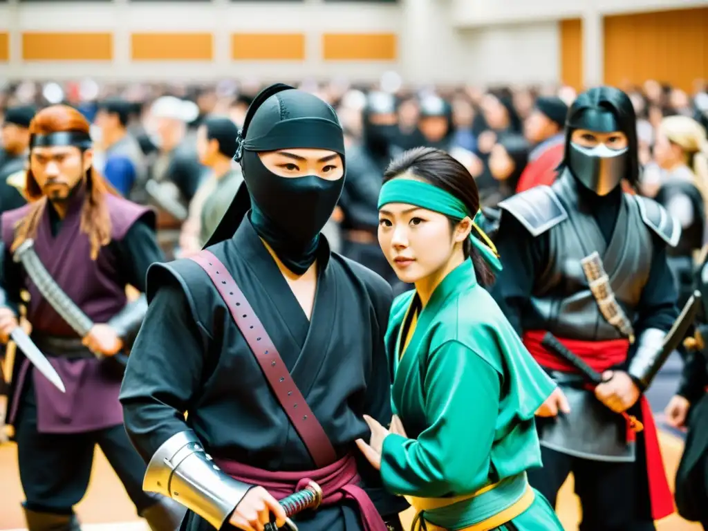 Convención de cosplayers con temas de ninjutsu en la cultura pop occidental