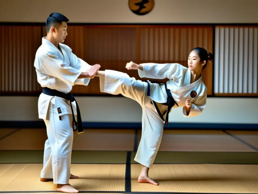 Maestro de artes marciales corrige técnica con precisión y enfoque Corrección de técnicas de artes marciales en un dojo tradicional con instructor y estudiante concentrados en mejorar la técnica
