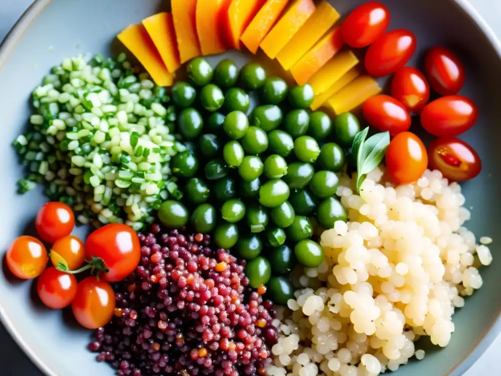 Un cuenco rebosante de quinoa colorida y vegetales frescos, evocando los beneficios superalimentos para practicantes Aikido