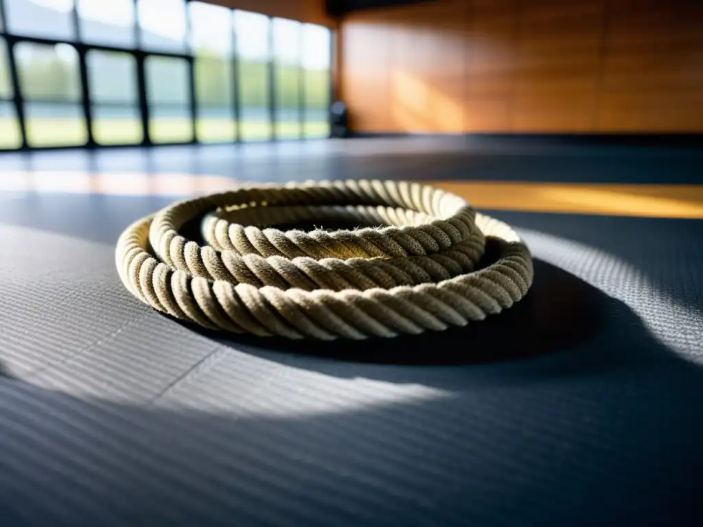 Una cuerda de batalla para entrenamientos descansa en el suelo del gimnasio, mostrando su resistente textura desgastada por el intenso uso