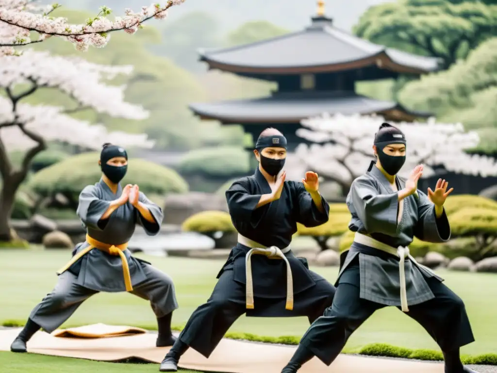 Cursos online de ninjutsu para principiantes: Estudiantes de ninjutsu practican técnicas en un jardín japonés neblinoso, guiados por un sabio sensei