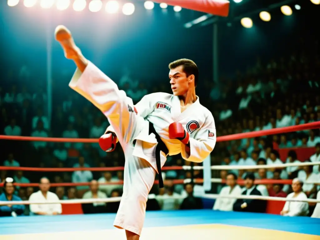 Jean-Claude Van Damme muestra su destreza en el karate, con la multitud admirando su habilidad en el torneo