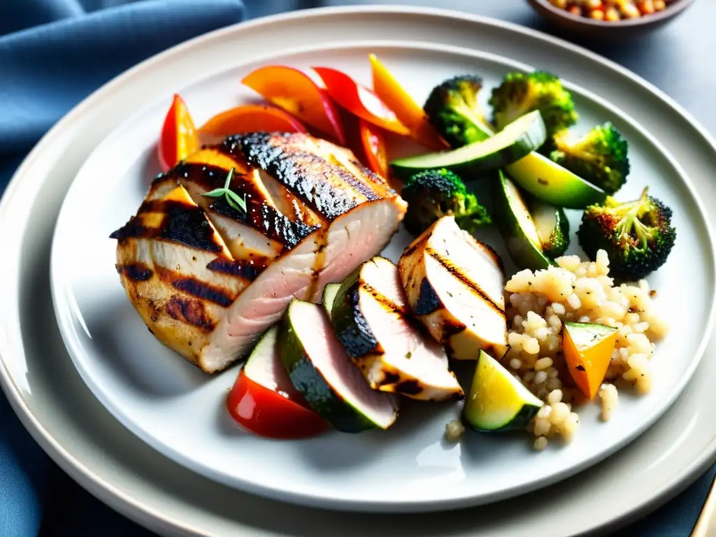 Una deliciosa comida balanceada con pollo a la parrilla, verduras asadas y quinoa