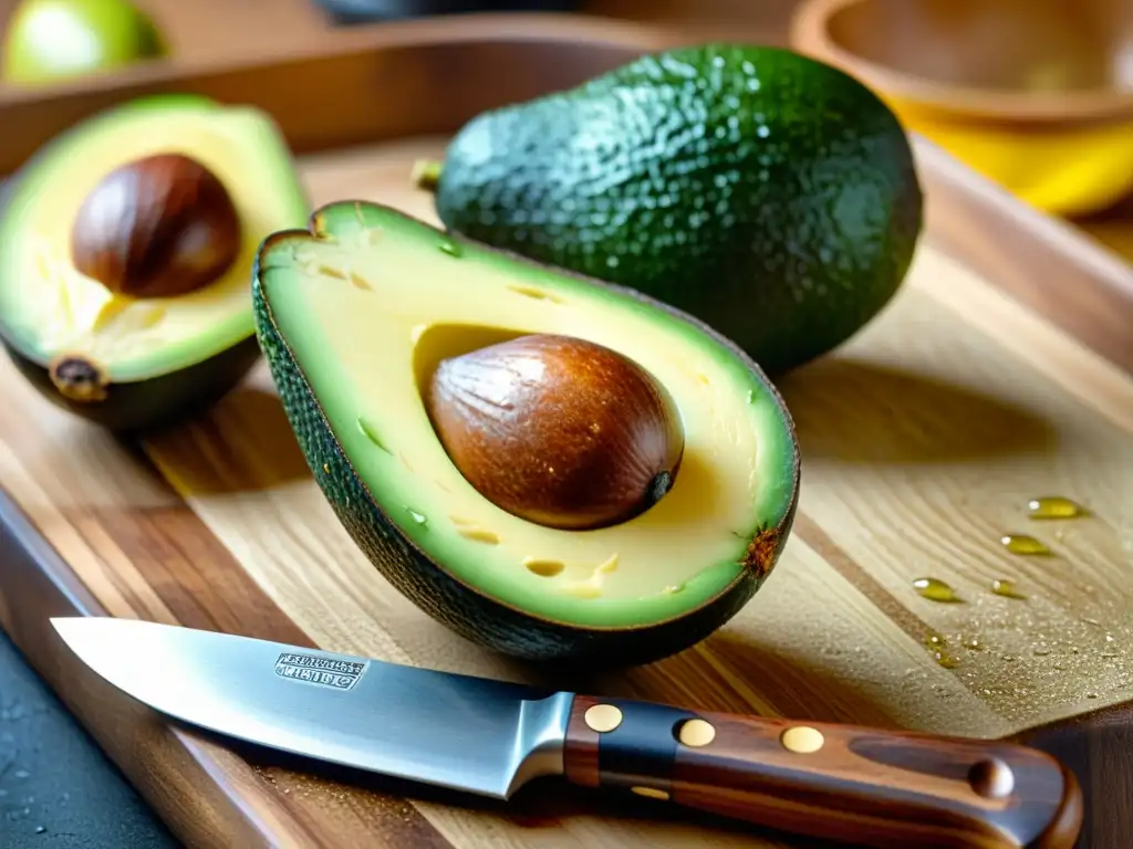 Delicioso aguacate maduro en una cocina rústica, evocando nutrición orgánica y los beneficios de los superalimentos para practicantes de Aikido