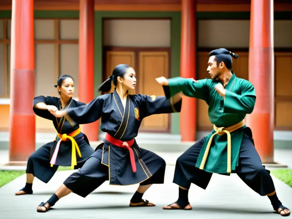 Demonstraciones de Pencak Silat Indonesia en un patio tradicional, con practicantes ágiles y expresiones intensas