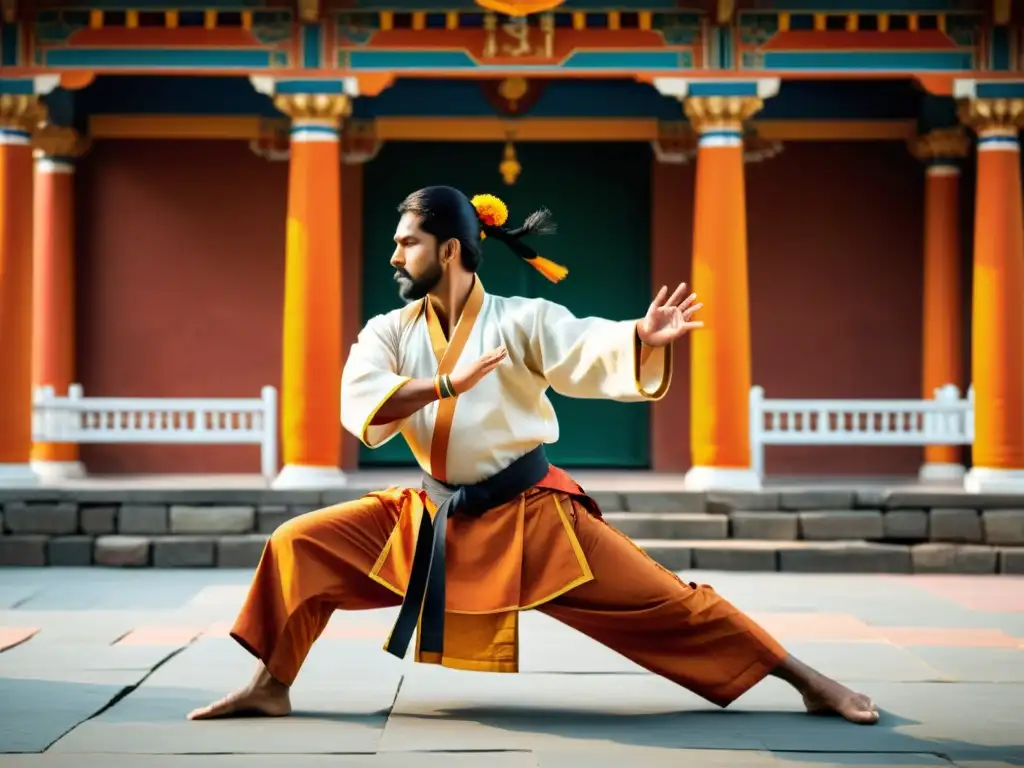 Demostración de artes marciales tradicionales de la India con influencia del Hinduismo, mostrando movimientos precisos y atuendos tradicionales