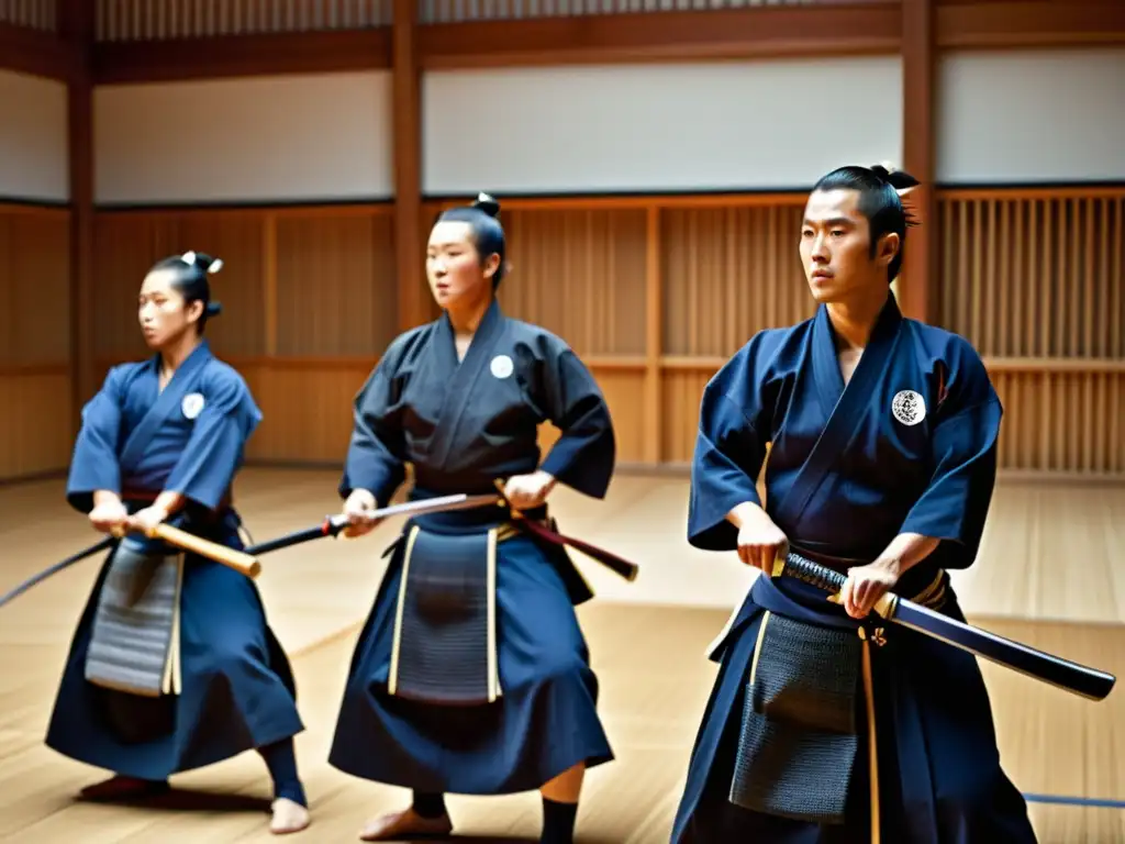 Demostración de espada de Kendo en dojo tradicional, capturando la intensidad y el significado espiritual de exhibiciones de Kendo