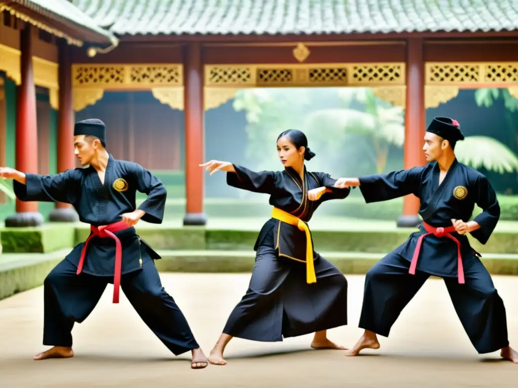 Demostración de Pencak Silat en un patio tradicional de Indonesia, con movimientos dinámicos y un ambiente cultural impresionante