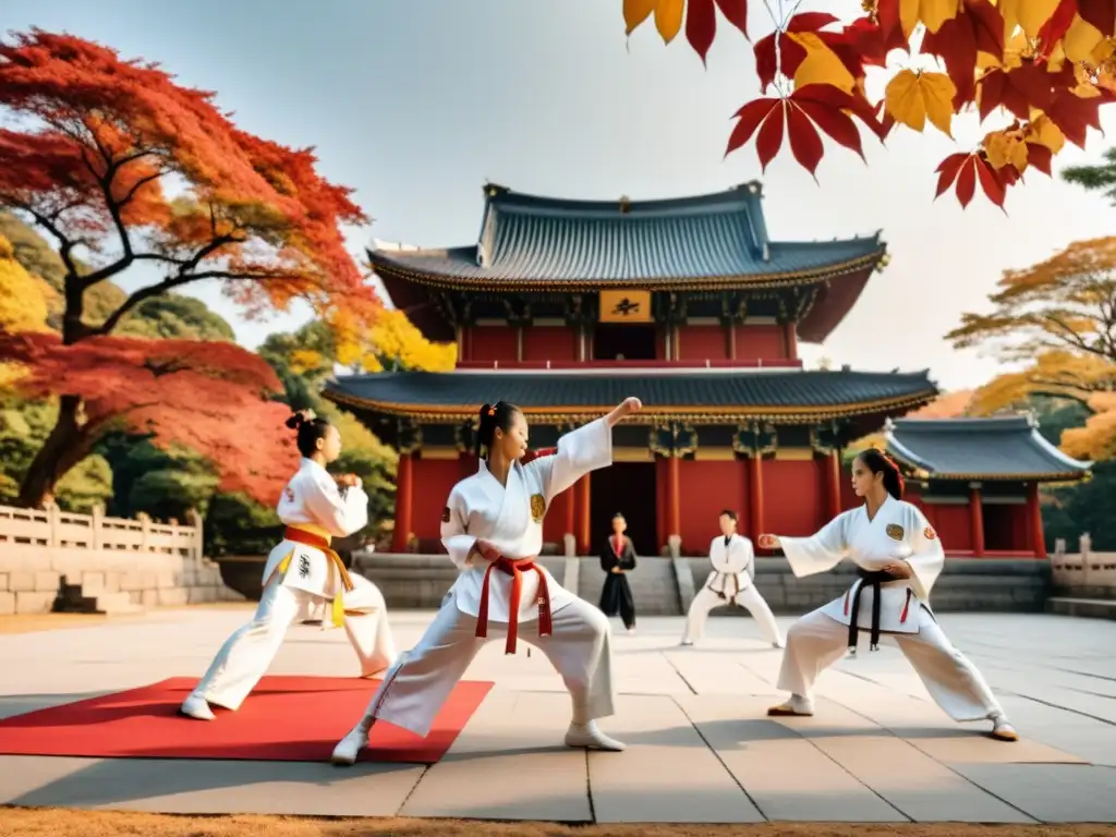 Una demostración de Taekwondo tradicional frente a un templo histórico, con hojas otoñales rojas y doradas