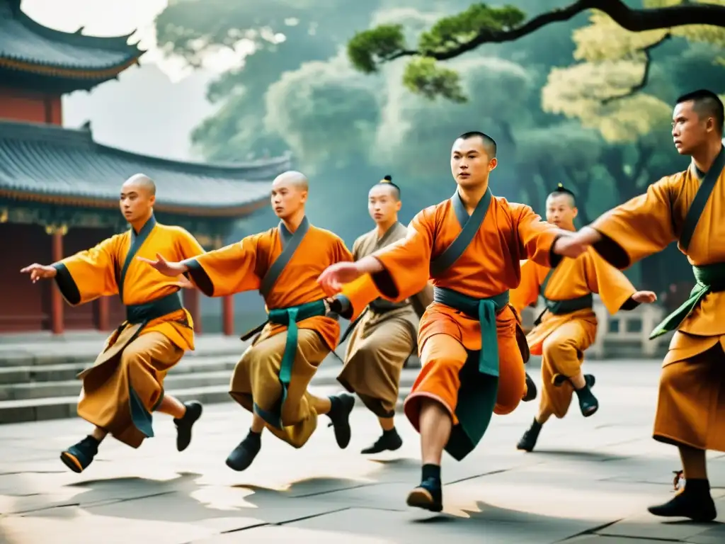 Demostraciones de artes marciales Shaolin: Maestros en trajes naranjas realizan movimientos poderosos en el templo, bajo la luz cálida entre árboles