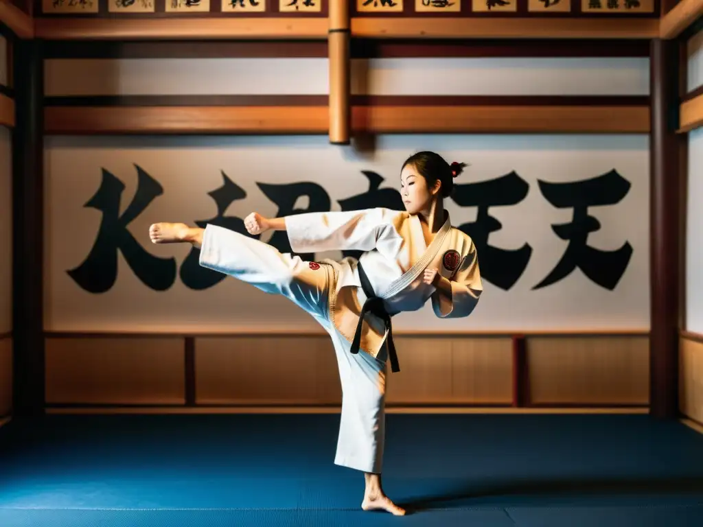 Demostraciones de karate como performance: Impactante imagen de una demostración de karate en un dojo tradicional, con un artista marcial ejecutando una potente patada en el aire, mientras el público observa con asombro