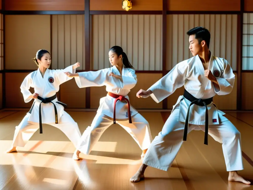 Demostraciones de karate como performance: Practicantes en gi blanco ejecutan una kata sincronizada en un dojo iluminado por el sol, mostrando precisión y disciplina