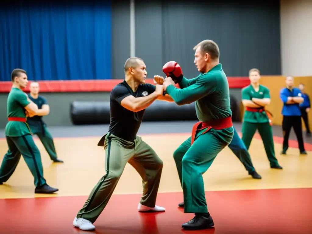 Demostraciones de Systema Ruso: Practicantes con movimientos fluidos y precisos, exhiben disciplina y determinación en un ambiente tradicional ruso