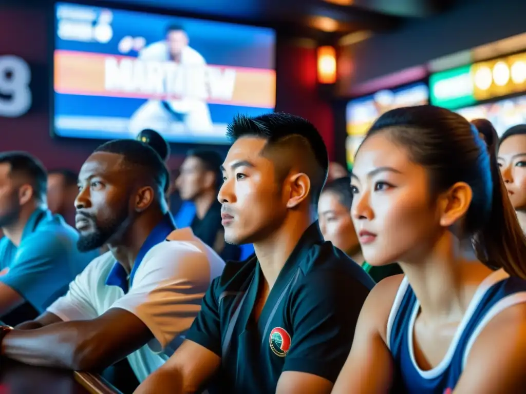 Derechos transmisión artes marciales PayPerView: Fans emocionados observan evento en bar deportivo, con expresiones intensas y pantalla brillante