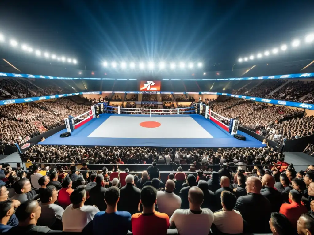 Derechos transmisión artes marciales PayPerView: Multitud diversa en arena histórica, vibrante atmósfera durante evento épico de artes marciales